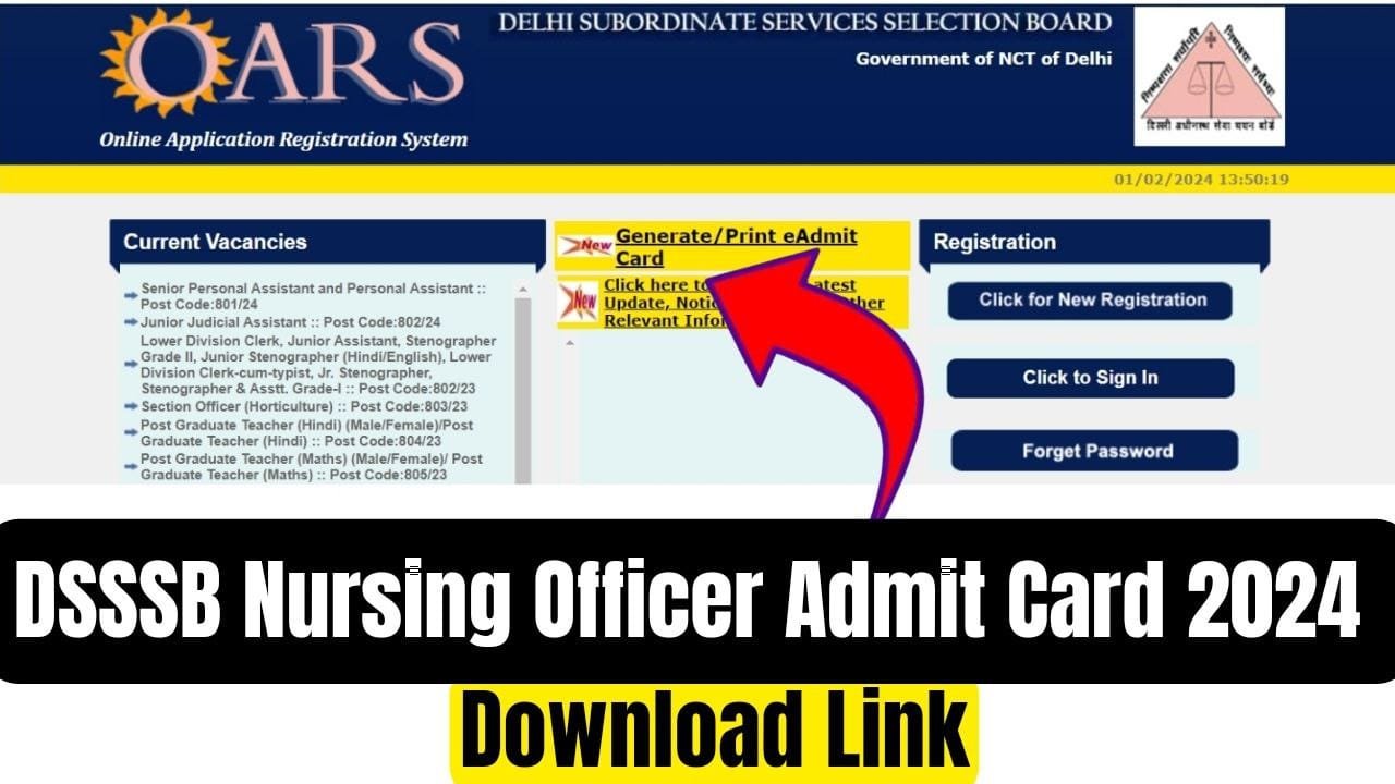 DSSSB Nursing Officer Admit Card 2024 Download Link
