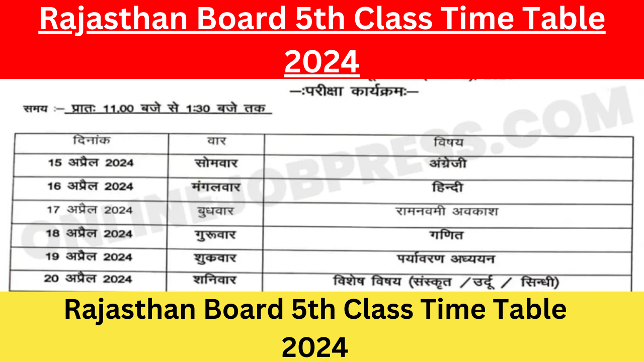 Rajasthan Board 5th Class Time Table 2024